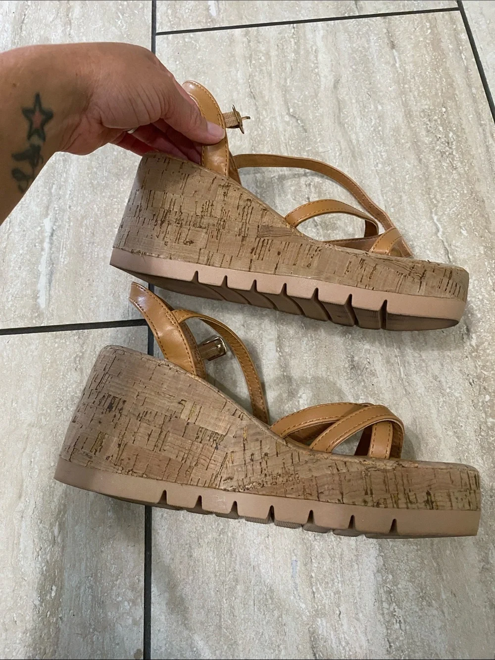 Madden Girl Tan Strappy Cork Wedge Sandals
